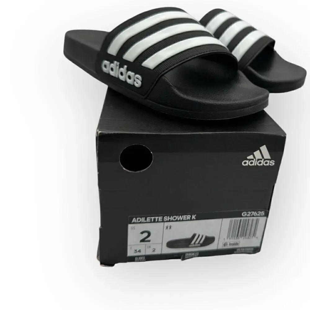 NWT Adidas Kids Adilette Shower K Comfort Slide Black White Size 2